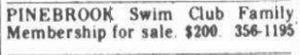 Pinebrook Swim Club - May 1975 Membership For Sale